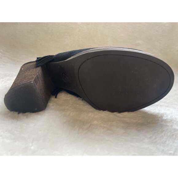 PREOWNED LUCKY BRAND Black Suede Leather Fringe Open Toed Booties Block Heel sz8 - Picture 7 of 11